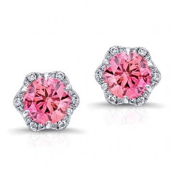 WHITE GOLD INSPIRED PINK ENHANCED ROUND DIAMOND HALO EARRINGS   