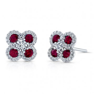 NATURAL COLOR WHITE GOLD TRENDY FLOWER RUBY EARRINGS