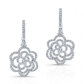 WHITE GOLD FASHION FLOWER DIAMOND DANGLE EARRINGS