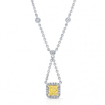 WHITE AND YELLOW GOLD ELEGANT RADIANT FANCY YELLOW DIAMOND PENDANT   