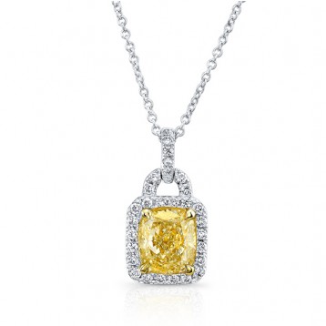 WHITE AND YELLOW GOLD CUSHION FANCY YELLOW DIAMOND PENDANT