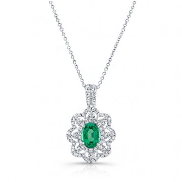 NATURAL COLOR WHITE GOLD VINTAGE EMERALD FLOWER DIAMOND PENDANT