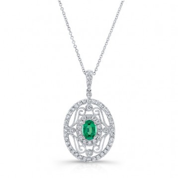 NATURAL COLOR WHITE GOLD VINTAGE EMERALD FLOWER DIAMOND PENDANT