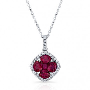 NATURAL COLOR WHITE GOLD RUBY FLOWER DIAMOND PENDANT
