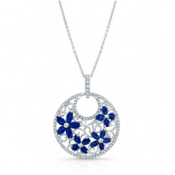 NATURAL COLOR WHITE GOLD ELEGANT SAPPHIRE FLOWER DIAMOND PENDANT
