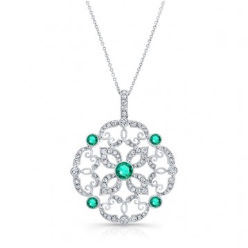 NATURAL COLOR WHITE GOLD VINTAGE EMERALD FLOWER DIAMOND PENDANT