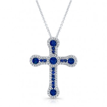 NATURAL COLOR WHITE GOLD VINTAGE SAPPHIRE CROSS DIAMOND  PENDANT