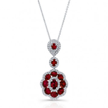 NATURAL COLOR WHITE GOLD RUBY FLOWER DIAMOND PENDANT
