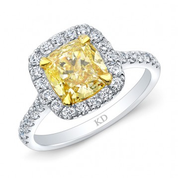WHITE AND YELLOW GOLD FANCY YELLOW CUSHION DIAMOND HALO ENGAGEMENT RING