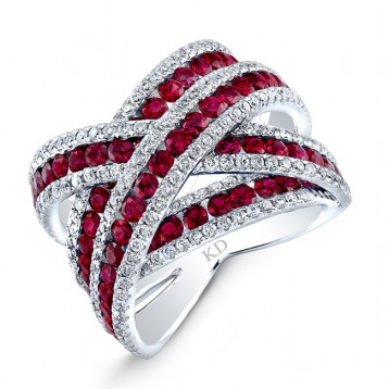 WHITE GOLD NATURAL COLOR CRISS CROSS RUBY DIAMOND RING