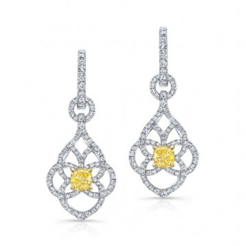 WHITE AND YELLOW GOLD FANCY YELLOW CUSHION DIAMOND DANGLE EARRINGS   