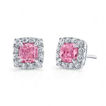 WHITE GOLD PINK ENHANCED CUSHION DIAMOND STUD EARRINGS   