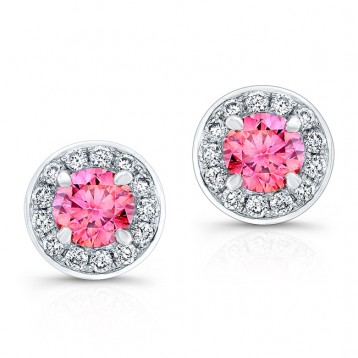 WHITE GOLD PINK ENHANCED ROUND DIAMOND HALO EARRINGS   