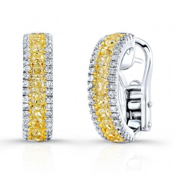 WHITE & YELLOW GOLD FANCY YELLOW SEMI-HOOP DIAMOND EARRINGS 