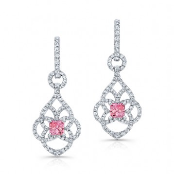 WHITE GOLD VINTAGE PINK ENHANCED PRINCESS DIAMOND DROPLET EARRINGS   