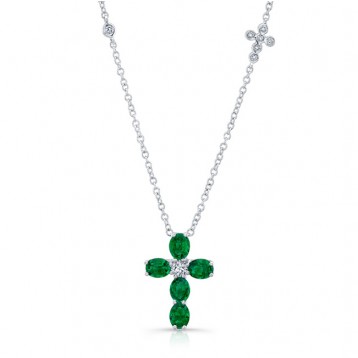NATURAL COLOR WHITE GOLD EMERALD CROSS DIAMOND  PENDANT