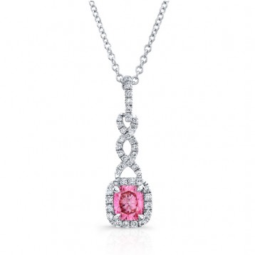 WHITE GOLD TWISTED PINK ENHANCED CUSHION DIAMOND PENDANT   