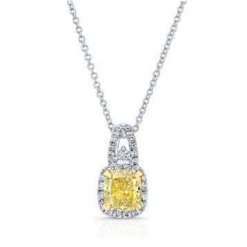 WHITE AND YELLOW GOLD ELEGANT FANCY YELLOW CUSHION HALO DIAMOND PENDANT