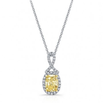 WHITE AND YELLOW GOLD TWISTED FANCY YELLOW CUSHION DIAMOND PENDANT   