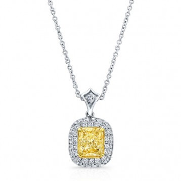 WHITE AND YELLOW GOLD CUSHION FANCY YELLOW HALO DIAMOND PENDANT  