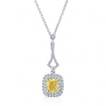WHITE AND YELLOW GOLD ELEGANT FANCY YELLOW CUSHION HALO DIAMOND PENDANT 