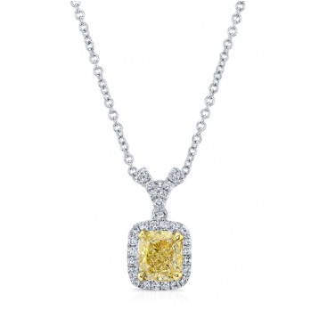 WHITE AND YELLOW GOLD CUSHION FANCY YELLOW DIAMOND HALO PENDANT   