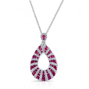 NATURAL COLOR 18K WHITE GOLD RUBY TRENDY TEAR DROP DIAMOND PENDANT
