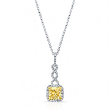 WHITE AND YELLOW GOLD CUSHION FANCY YELLOW DIAMOND TWISTED PENDANT   