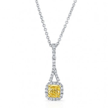 WHITE AND YELLOW GOLD CUSHION FANCY YELLOW DIAMOND PENDANT   