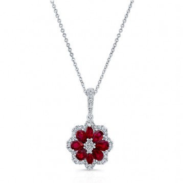 NATURAL COLOR WHITE GOLD INSPIRED RUBY DIAMOND FLOWER PENDANT