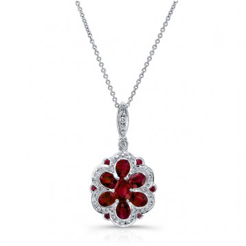 NATURAL COLOR WHITE GOLD VINTAGE RUBY DIAMOND FLOWER PENDANT