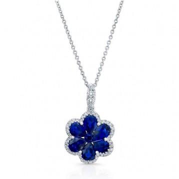 NATURAL COLOR WHITE GOLD  SAPPHIRE FLOWER DIAMOND PENDANT
