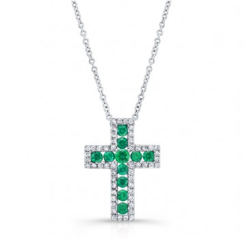 NATURAL COLOR WHITE GOLD INSPIRED EMERALD CROSS DIAMOND  PENDANT