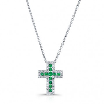 NATURAL COLOR WHITE GOLD EMERALD CROSS DIAMOND PENDANT