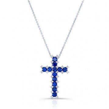 NATURAL COLOR WHITE GOLD SAPPHIRE CROSS DIAMOND  PENDANT