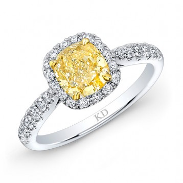 WHITE AND YELLOW GOLD CLASSIC FANCY YELLOW CUSHION DIAMOND ENGAGEMENT RING
