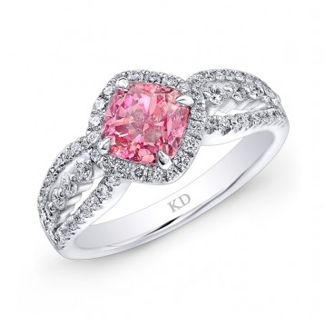 WHITE GOLD  INSPIRED PINK ENHANCED CUSHION DIAMOND BRIDAL RING