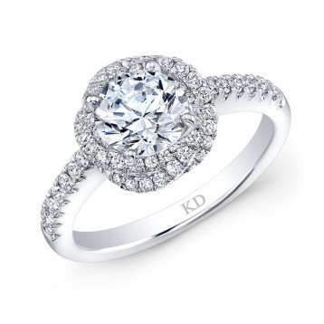 WHITE GOLD ROUND HALO SWIRLED DIAMOND ENGAGEMENT RING