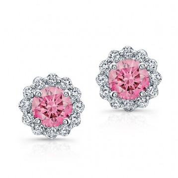 WHITE GOLD PINK ENHANCED ROUND DIAMOND HALO EARRINGS   