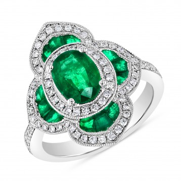 WHITE GOLD NATURAL COLOR DAZZLING EMERALD  DIAMOND RING