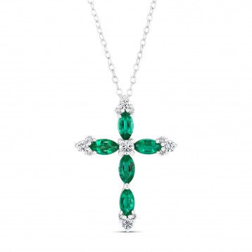 NATURAL COLOR WHITE GOLD DAZZLING EMERALD CROSS DIAMOND PENDANT