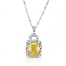 WHITE AND YELLOW GOLD CUSHION FANCY YELLOW DIAMOND PENDANT