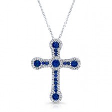 NATURAL COLOR WHITE GOLD VINTAGE SAPPHIRE CROSS DIAMOND PENDANT