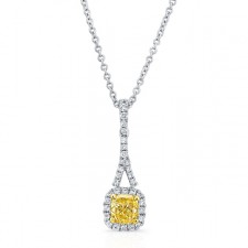 WHITE AND YELLOW GOLD CUSHION FANCY YELLOW DIAMOND PENDANT   