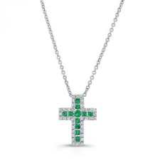 NATURAL COLOR WHITE GOLD EMERALD CROSS DIAMOND PENDANT