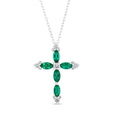 NATURAL COLOR WHITE GOLD DAZZLING EMERALD CROSS DIAMOND PENDANT