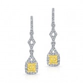 WHITE AND YELLOW GOLD FANCY YELLOW CUSHION DIAMOND DROP EARRINGS   