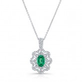 NATURAL COLOR WHITE GOLD VINTAGE EMERALD FLOWER DIAMOND PENDANT