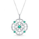 NATURAL COLOR WHITE GOLD VINTAGE EMERALD FLOWER DIAMOND PENDANT