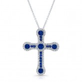 NATURAL COLOR WHITE GOLD VINTAGE SAPPHIRE CROSS DIAMOND  PENDANT